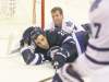 Ruth Bonneville /  Winnipeg Free PressJames Reimer (rear) keeps his eye on the puck after losing his mask during a collision with Winnipeg�s Chris Thorburn.