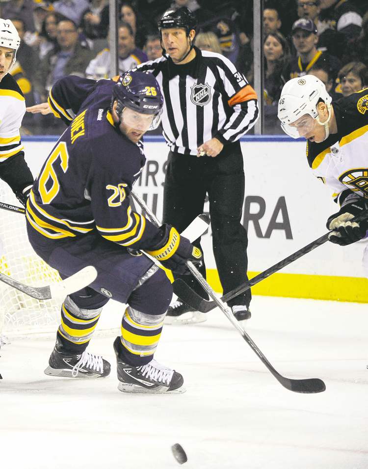 CP
Buffalo Sabres' Jochen Hecht (55), of Germany, battles with Boston Bruins left winger Milan Lucic (17) as Sabres' left winger Thomas Vanek (26), of Austria, eyes the puck during the second period of an NHL hockey game in Buffalo, N.Y., Friday, Feb. 15, 2013. (AP Photo/Gary Wiepert)