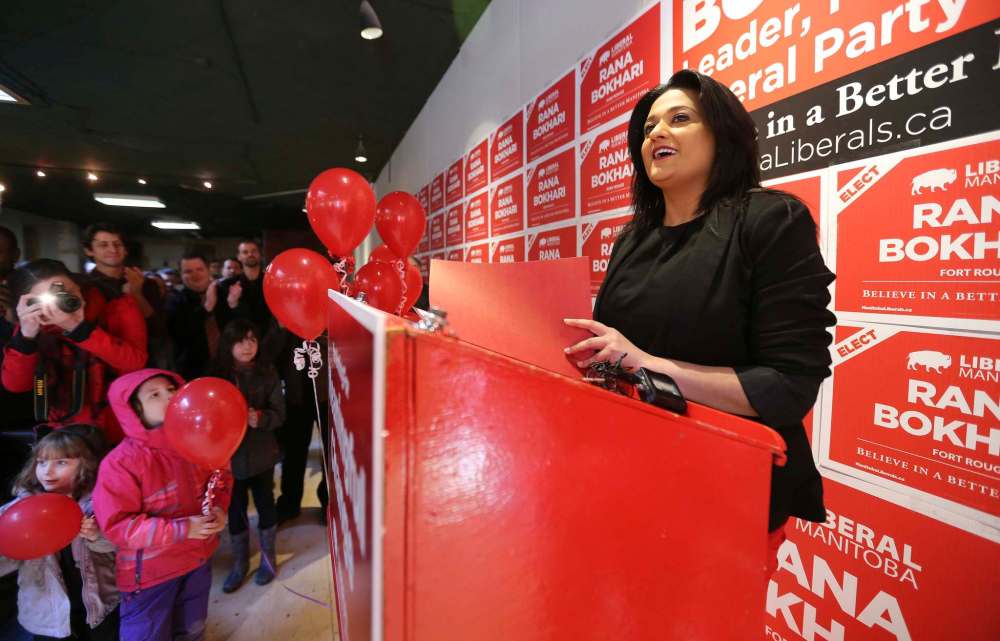TREVOR HAGAN / WINNIPEG FREE PRESS
Liberal Leader Rana Bokhari (left) at the opening of her campaign HQ Saturday. New Democrat Wab Kinew (top) and Progressive Conservative Audrey Gordon. A recent poll suggests it’s an intense race any candidate could win.
