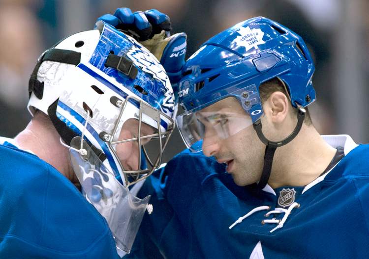 CP
Toronto Maple Leafs goaltender James Reimer and centre Nazem Kadri hope to be celebrating a win tonight. The Leafs are confident despite a losing streak.