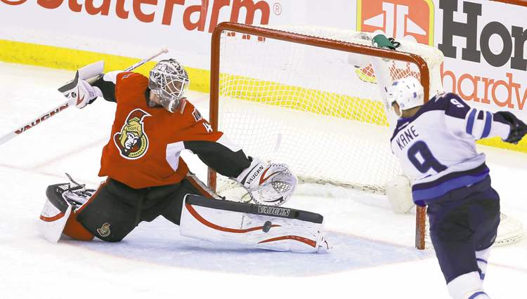 fred chartrand / the canadian press
Jets forward Evander Kane got some glorious looks, but Senators goalie Robin Lehner was up to the challenge.