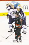 Karl B DeBlaker / the associated press
The Jets' Evander Kane (9) is congratulated on a goal by teammates Alex Burmistrov (centre) and Antti Miettinen as the Hurricanes' dejected Jiri Tlusty skates by during the third period Tuesday.