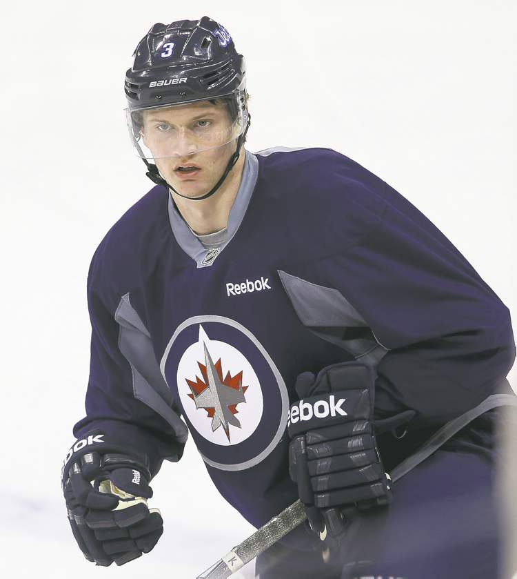 Newest Jet Jacob Trouba practises with the team at the MTS Centre. He's gradually fitting in with the guys and the routine on his first pro team.