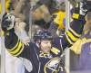 CP
FULL CLOSE CUT CLOSECUT - Buffalo Sabres' Thomas Vanek (26) of Austria, celebrates his goal against the Philadelphia Flyers during the first period in Game 6 of a first-round NHL Stanley Cup playoffs hockey series, in Buffalo, N.Y., Sunday, April 24, 2011. (AP Photo/David Duprey)