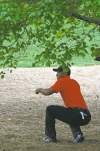 Darron Cummings / The Associated Press
Tiger Woods looks for his ball after hitting out of the rough off the second fairway on Sunday.
