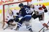 John Woods / The Canadian Press
Ottawa goaltender Andrew Hammond blocks a shot from Jets newcomer Marko Dano during first-period action at the MTS Centre Wednesday night.