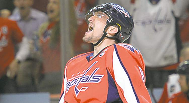 Tribune Media MCT
Washington Capitals left wing Alex Ovechkin (8) celebrates his goal against the Toronto Maple Leafs in the second period at the Verizon Center in Washington, D.C., Tuesday, April 16, 2013. (Chuck Myers/MCT)