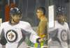 JOE BRYKSA / WINNIPEG FREE PRESS 
Jets head coach Claude Noel makes a brief appearance at team's optional practice on Wednesday at the MTS Centre while Jim Slater heads for a breather.