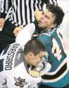 MIKE DEAL / WINNIPEG FREE PRESS
MIKE DEAL / WINNIPEG FREE PRESS ARCHIVESThe Jets agreed to terms with forward  Austen Brassard, seen here tangling with San Jose�s Zach Bell back in 2011.