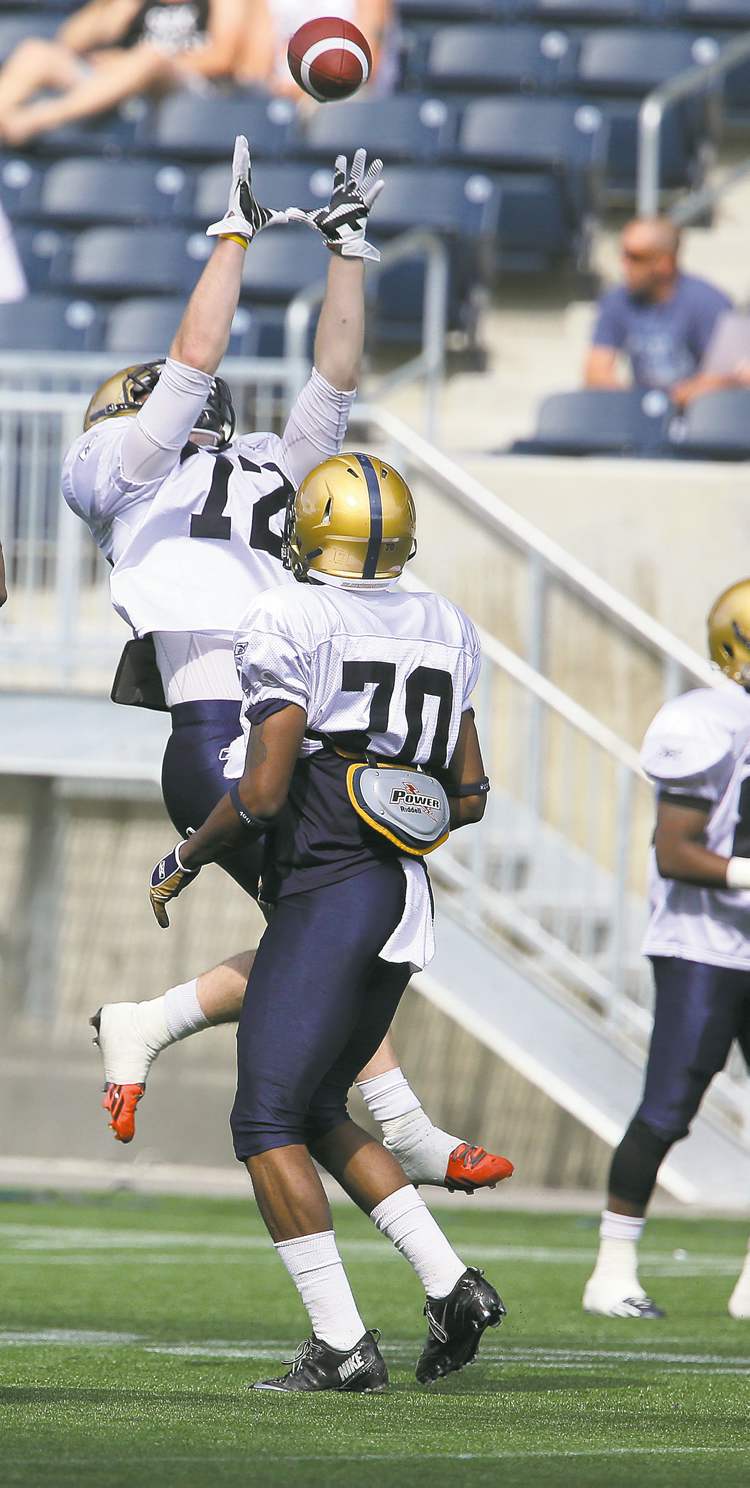 photos by trevor hagan / winnipeg free press
Winnipeg Blue Bombers receiver Brett Carter goes airborne to grab a pass at training camp. The local boy is turning heads.