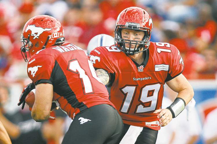 Jeff McIntosh / the canadian press archives
Stampeders quarterback Bo Levi Mitchell (right), who is likely to make his first career start tonight, put in an impressive relief performance last week against Montreal.