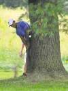AP
Tiger Woods hits to the fairway from behind a tree on the sixth hole Friday.