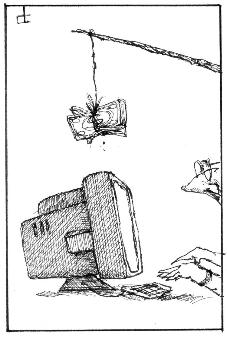 Dale Cummings / Winnipeg Free Press
healthcare watchdog dinky dollars, money hanging over computer in sketch. Artist Dale Cummings.