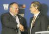 Wayne Glowacki / Winnipeg Free Press 
Blue Bombers acting CEO Wade Miller is greeted by board chairman Brock Bulbuck at a news conference Friday.