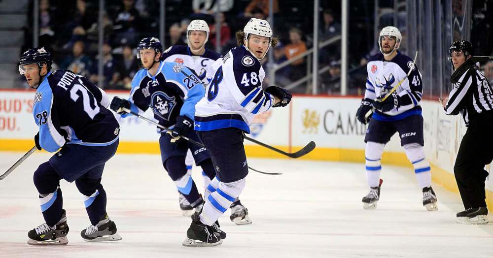 PHIL HOSSACK / WINNIPEG FREE PRESS
Brendan Lemieux (48) made his pro debut with the Moose Tuesday night, managing three shots on net and a minor penalty in a 4-2 loss to the Milwaukee Admirals.