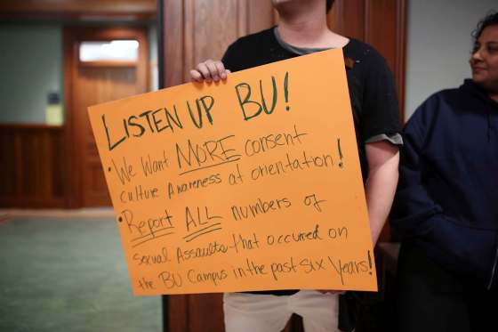 TIM SMITH / BRANDON SUNA Brandon University student makes his feelings known Tuesday while waiting to hear university president Gervan Fearon address students and media on the university’s sexual-assault policies.