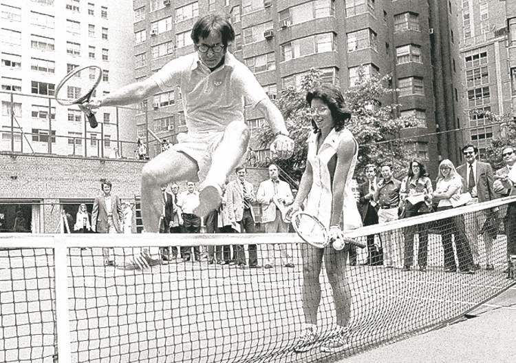 Tribune Media MCT
Billie Jean King holds down the net for Bobby Riggs at 1973's 'Battle of the Sexes.'