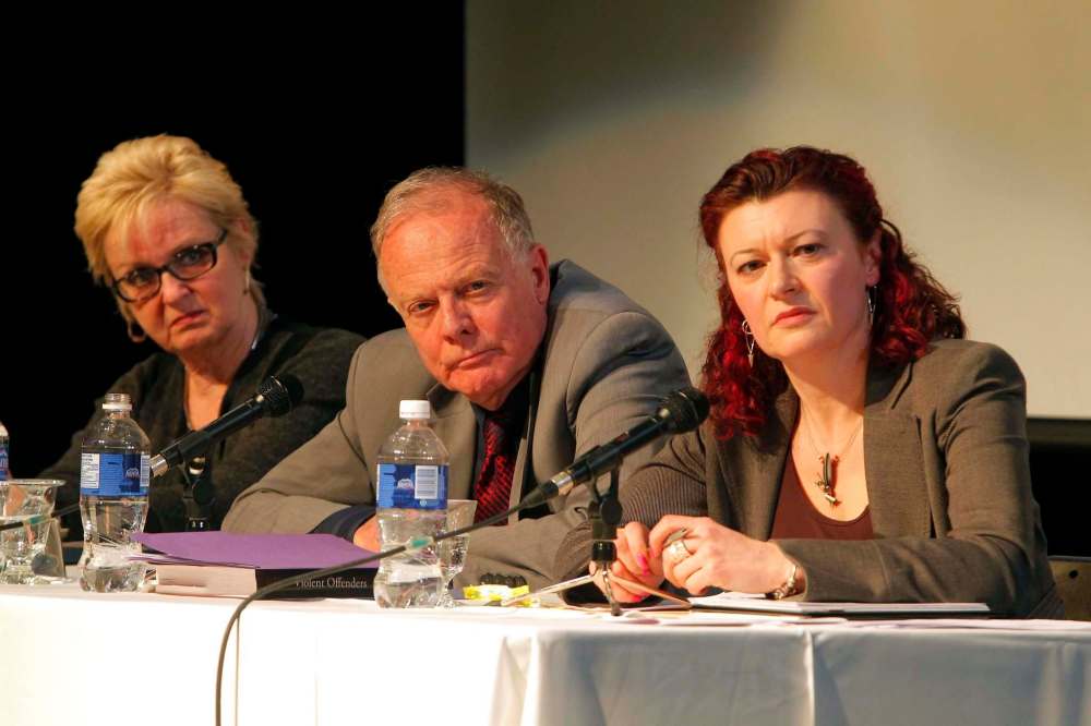 BORIS MINKEVICH / WINNIPEG FREE PRESS
(L-R) Political candidates Myrna Driedger (PC), Dr. Jon Gerrard (Liberal) and Sharon Blady (NDP) at the Mental Health Election forum at Asper Community Campus.