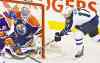 Jason Franson / the canadian press
Winnipeg forward James Wright is denied by Edmonton goalie Devan Dubnyk and forward Will Acton during first-period action Tuesday night.