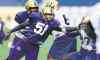 KEN GIGLIOTTI / WINNIPEG FREE PRESS
Defensive end Jake Killeen (51) shoves receiver Rory Kohlert during the Blue Bombers' practice session Wednesday.