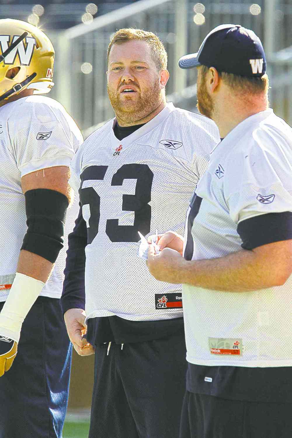 MIKE DEAL / WINNIPEG FREE PRESS
New Bomber Patrick Neufeld (53) takes in practice on Thursday.