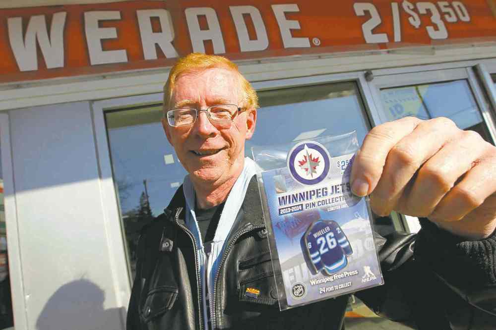 Boris Minkevich
BORIS MINKEVICH / WINNIPEG FREE PRESS
Pin collector Bob McLeod shows off his Blake Wheeler pin. McLeod picks up a Jets pin every morning, like clockwork.