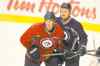 BORIS MINKEVICH / WINNIPEG FREE PRESS
Jets defencemen Adam Pardy (left) tangles with Olli Jokinen at practice Monday. Pardy knows he has to make the most of his opportunities to stay with the big club.