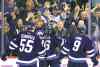 John Woods / WINNIPEG FREE PRESS
Winnipeg fans and Jets Mark Scheifele, Blake Wheeler and Evander Kane celebrate Wheelers' second-period goal Tuesday night.