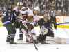 Ruth Bonneville / Winnipeg Free Press
Chicago�s Brandon Saad is stymied while trying to get the puck past Jets goalie Ondrej Pavelec during first-period action on Saturday.