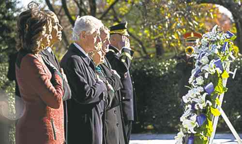 CP
Pablo Martinez Monsivais / The Associated PressBarack Obama, Michelle Obama, Bill Clinton and Hillary Rodham Clinton at the ceremony Wednesday.