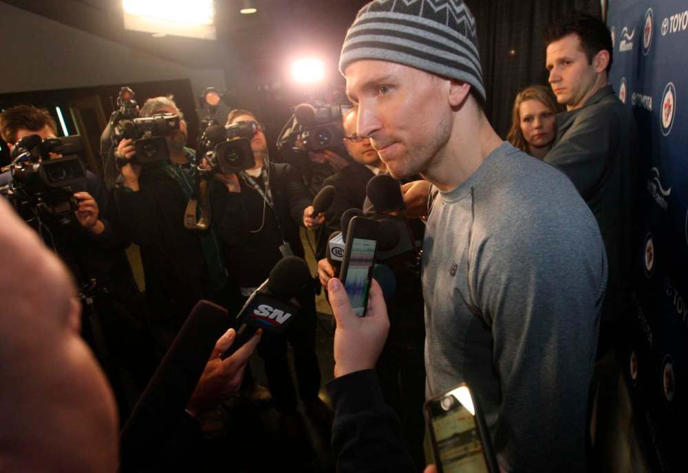 JOE BRYKSA / WINNIPEG FREE PRESS
Winnipeg Jets Blake Wheeler speaks to media at the MTS Centre on Monday.