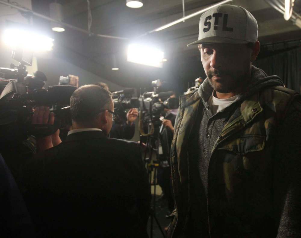 JOE BRYKSA / WINNIPEG FREE PRESS
Winnipeg Jets Dustin Byfuglien speaks to media at MTS Centre Monday.