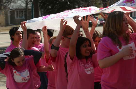 BRUCE BUMSTEAD / BRANDON SUN FILESStudents with the Meadows School Youth Revolution show their colours in 2015 supporting the Day of Pink to support anti-bullying initiatives within the school division.
