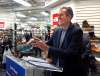 WAYNE GLOWACKI / WINNIPEG FREE PRESS
Progressive Conservative Leader Brian Pallister steps up to the podium to begin a media news conference Monday in Canadian Footwear.