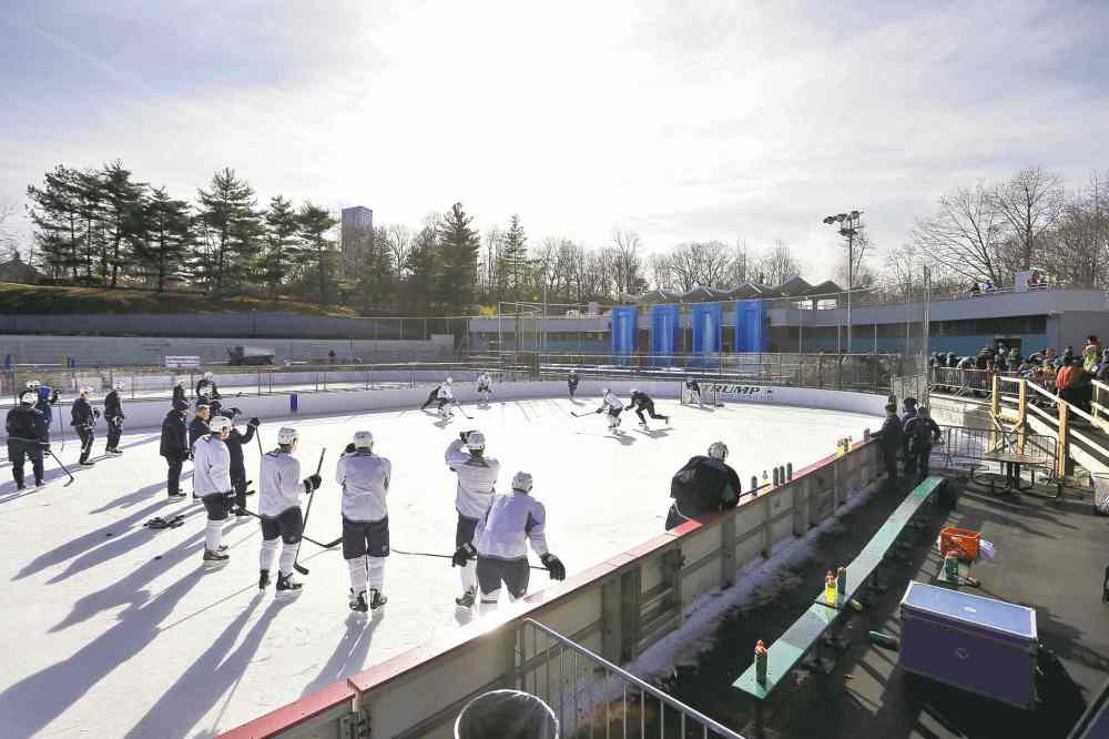 CP
The Jets run a drill during a sunny outdoor practice Saturday morning at Lasker Ice Rink in New York City�s Central Park. They�re in town to play the Rangers Monday.