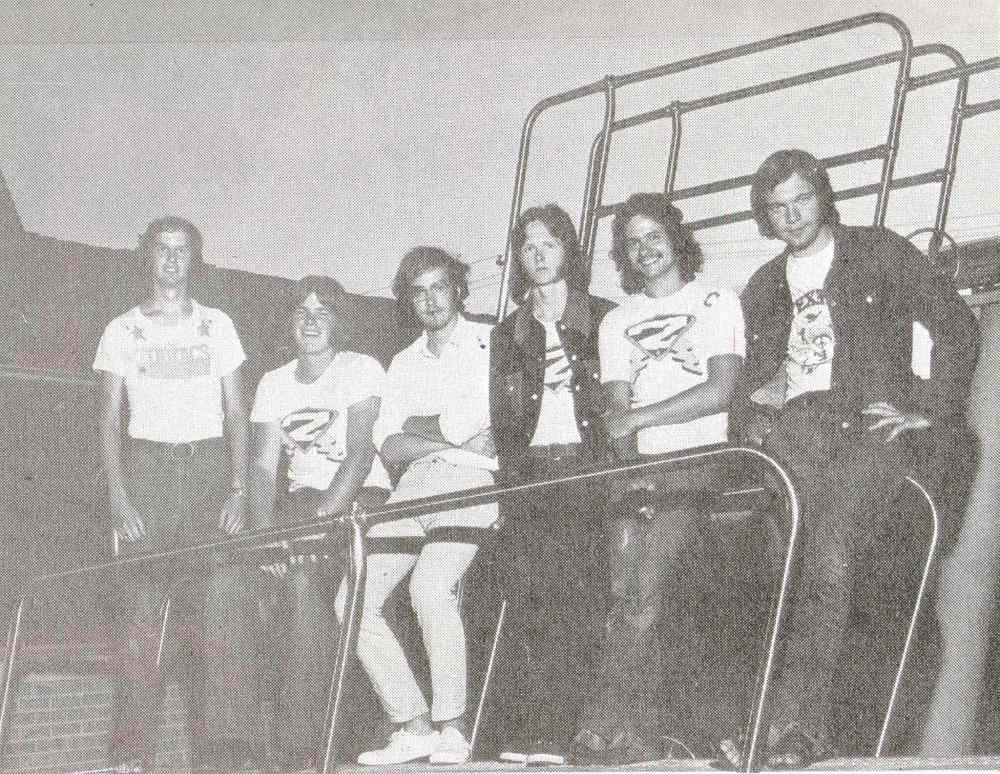 Fabulous George & the Zodiacs pose on a diving board in the summer of 1971 behind the Fireplace at the Holiday Sun & Swim Club. From left: Dennis Riley, Jim Fotheringham, Dave Pybus, John Einarson, Mike Elliott and Fabulous George (a.k.a. Don Jordan).