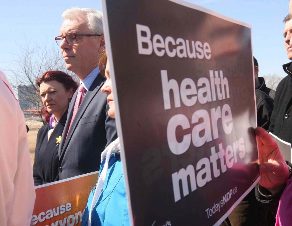 JOE BRYKSA / WINNIPEG FREE PRESS
NDP Leader Greg Selinger stood near the Grace Hospital in Winnipeg this afternoon warning Manitobans that privatized heath care is a concern.