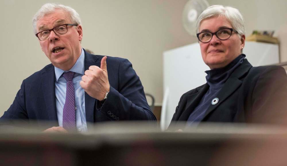 DAVID LIPNOWSKI / WINNIPEG FREE PRESS
Selinger with Riel MLA Christine Melnick at a campaign announcement. ‘Let’s get you elected,’ he said of Melnick.