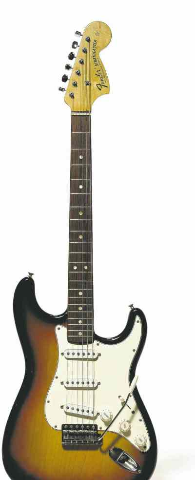 CP
In this undated photo provided by Christie's, a 1968 Fender Stratocaster guitar that once belonged to Jimi Hendrix is shown in New York. The guitar, which was modified to accommodate his left-handed use, sold for $168,000 at an auction of rock memorabilia by Christie's in New York, Monday, Dec. 4, 2006.    (AP Photo/Christie's Images)