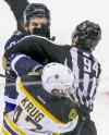 Crystal Schick / Winnipeg Free Press
Jets forward Eric Tangradi dusts it up with Bruins defender Torey Krug in the second period.
