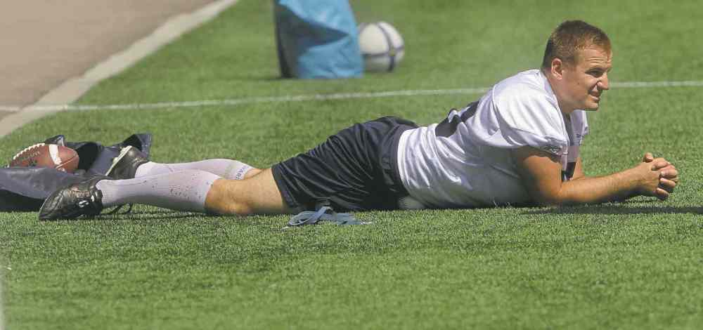 JOE BRYKSA / WINNIPEG FREE PRESS
Blue Bombers placekicker Lirim Hajrullahu won't have a lot of time to lie around as he takes over punting duties while Mike Renaud recovers from a hamstring injury.