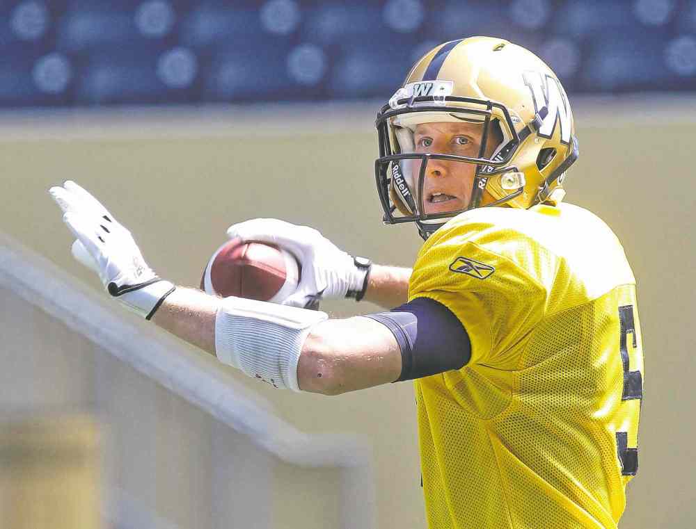 Mike Deal / Winnipeg Free Press
Winnipeg Blue Bombers� QB Drew Willy (5) during practice at Investors Group Field Monday morning. 140804 August 4, 2014 Mike Deal / Winnipeg Free Press