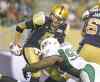 REUTERS
Fred Greenslade / reuters
Winnipeg Blue Bombers quarterback Drew Willy fumbles the ball as he is tackled by the Saskatchewan Roughriders� Tearrius George during the third quarter.