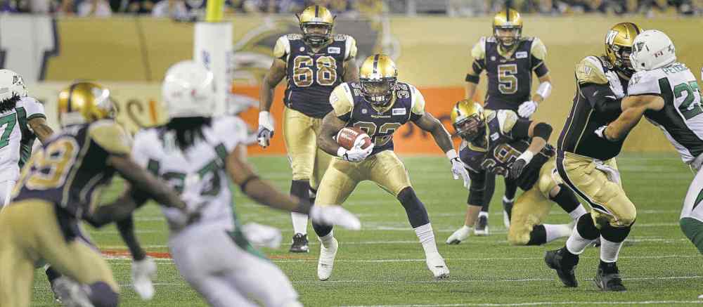 Phil Hossack / Winnipeg Free Press
Winnipeg Blue Bombers RB Nic Grigsby had nowhere to run Thursday.