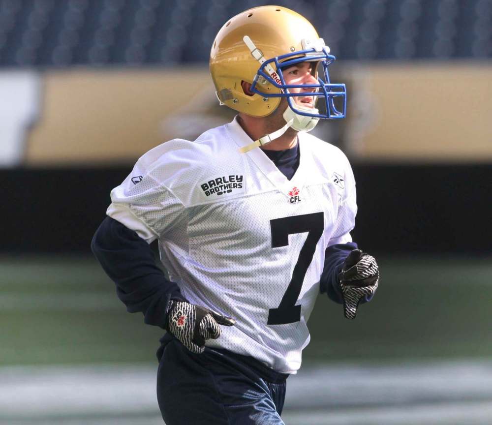 JOE BRYKSA / WINNIPEG FREE PRESS
Winnipeg Blue Bombers Weston Dressler at the Winnipeg Blue Bombers Mini Camp at Investors Group Field Monday.