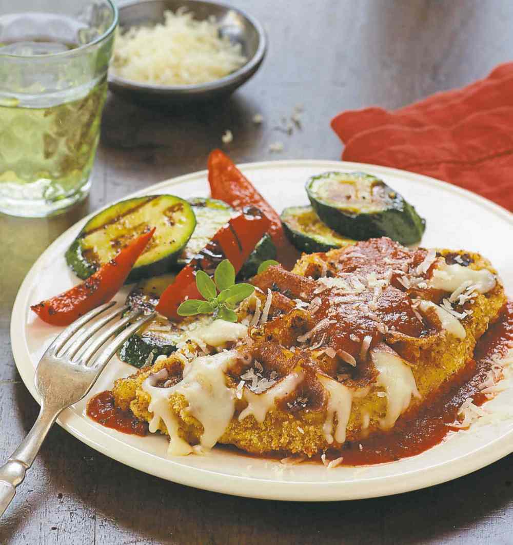 Chicken parmesan with waffled vegetables.