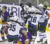 trevor hagan / winnipeg free press
Jets Mathieu Perreault (85), Andrew Ladd (16), Bryan Little (18) and Paul Postma (4) celebrate after Postma scored the Jets� second goal Tuesday.