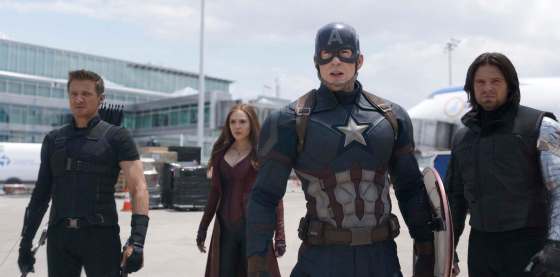 FILM FRAME / MARVELJeremy Renner (from left), Elizabeth Olsen, Chris Evans and Sebastian Stan in a scene from Captain America: Civil War.