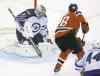 TREVOR HAGAN / WINNIPEG FREE PRESS
Winnipeg goaltender Ondrej Pavelec shuts the door on New Jersey star Jaromir Jagr during second-period action Thursday night.