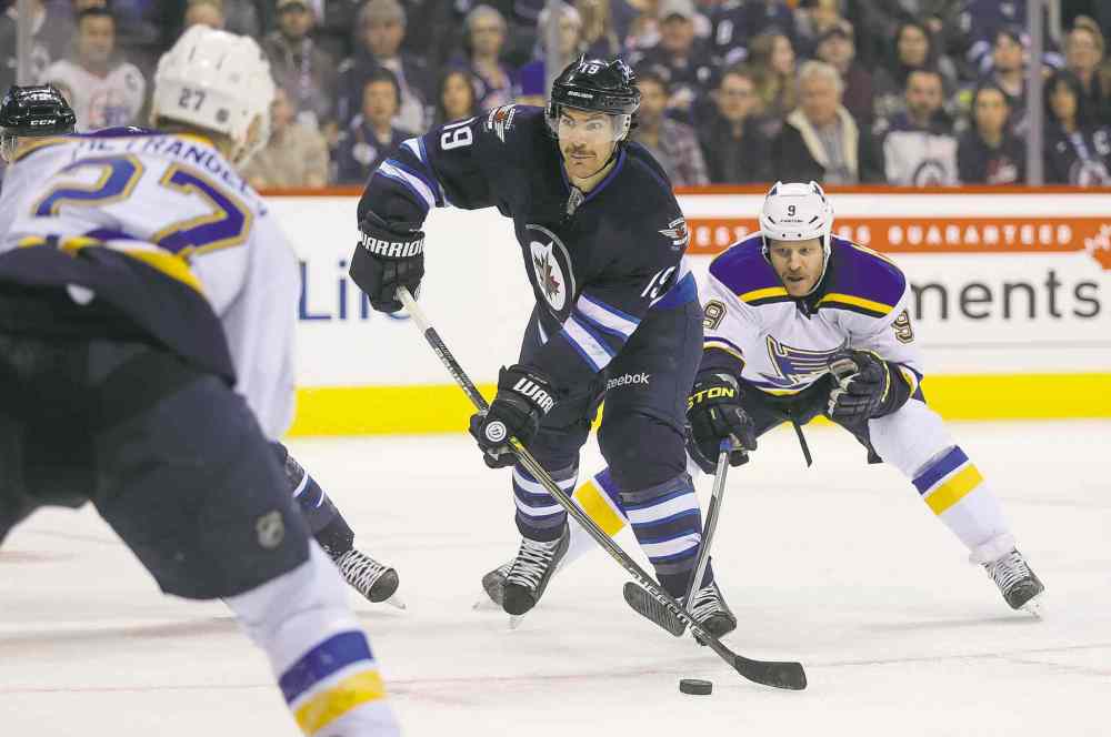 Trevor Hagan / Winnipeg Free Press
Winnipeg's Jim Slater is about to snap home his first goal of the campaign.